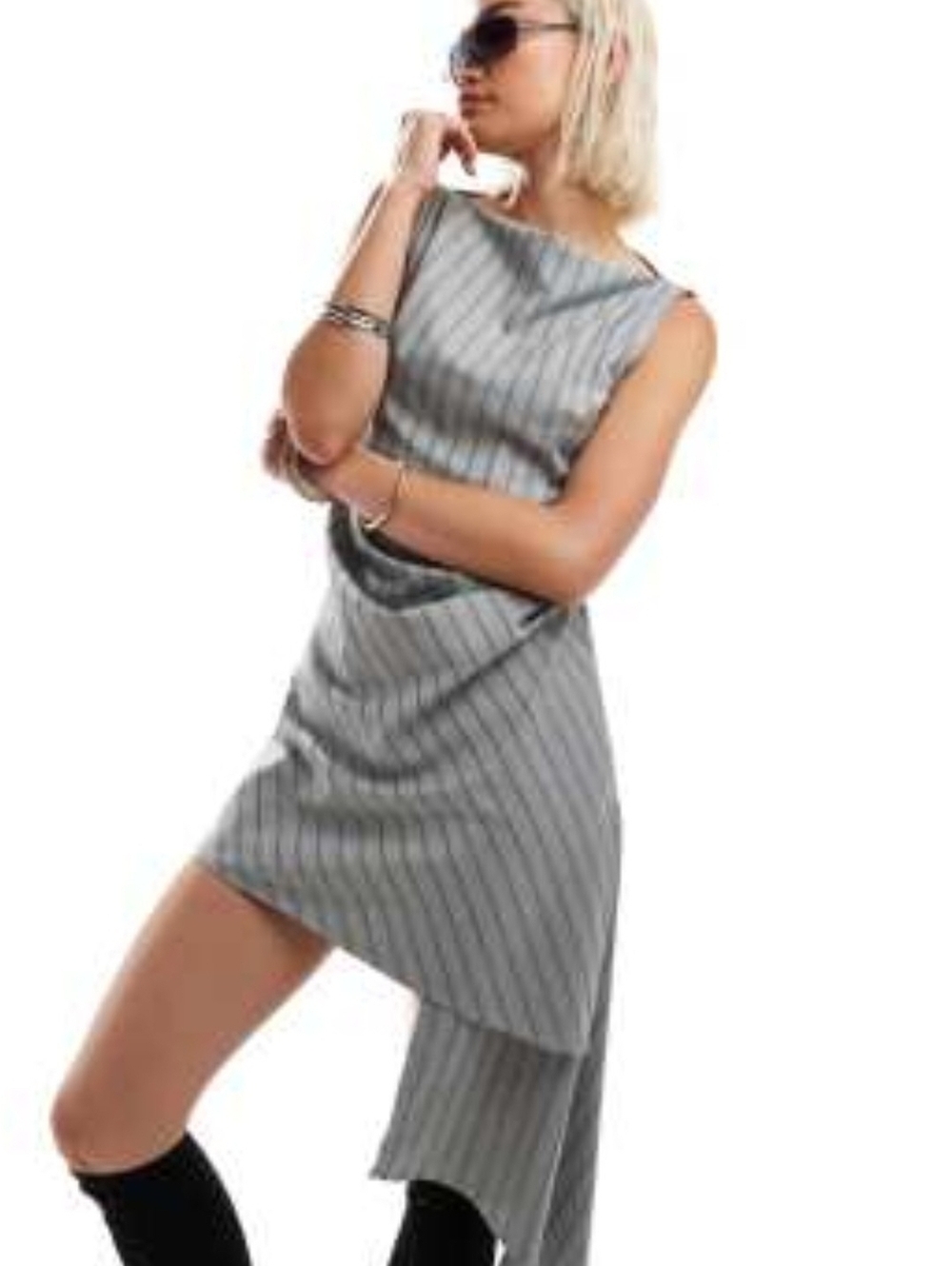 Collusion Asos Slash Neck Pinstriped Gray Mini Dress With Waterfall Hem
